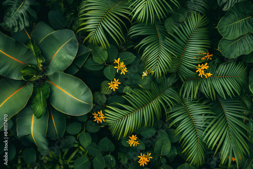 Aerial top view of tropical forest canopy with palm tree leaves, tree species and a flowering tree with yellow flowers: the diverse amazon forest seen from above