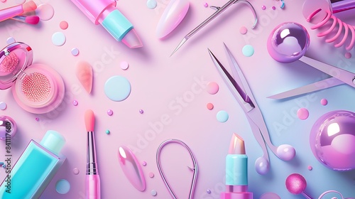 Modern Minimalistic Nail Salon Background with Flying Nail Files, Gel Polish, Scissors, and Flashing Website Design Elements
