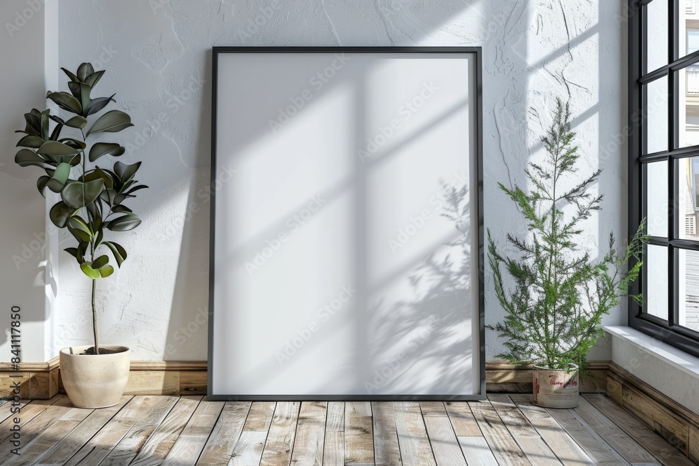 Poster frame mockup on wooden floor created with Generative AI Poster frame mockup on wooden floor created with Generative AI