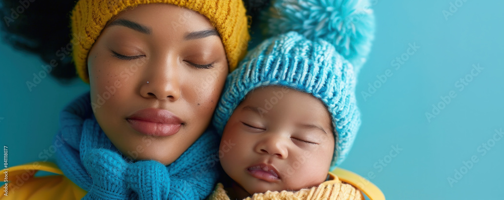 A woman is holding a baby in her arms and both of them are wearing hats. Concept of warmth and comfort A woman is holding a baby in her arms and both of them are wearing hats. Concept of warmth and comfort
