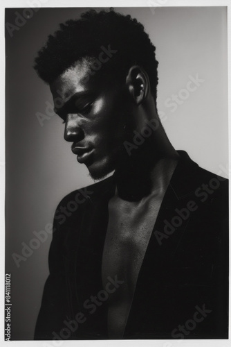 Elegant Black and White Polaroid Portrait of an African American Man in Dramatic Lighting