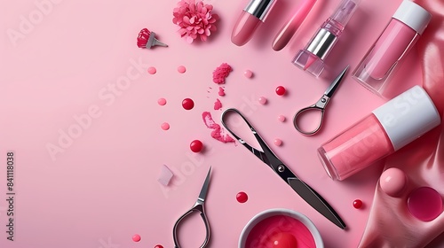 Sleek Minimalistic Background for Manicure Shop Featuring Flying Nail Files, Gel Polish, Scissors, and Flashes Website