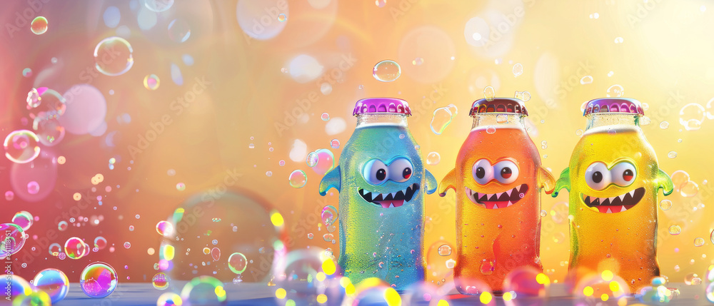 Three Fun Monster Bottles With Bubbles In A Colorful Setting