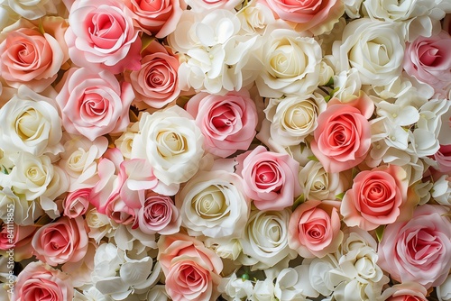Backdrop of white and pink roses flowers  wedding backgrounds