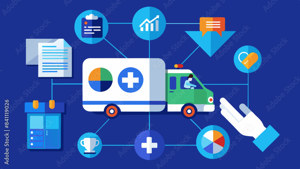 Emergency response technology chart with ambulance icon and handshake. Rescue tech concept. Digital low poly light blue style. Vector illustration. Emergency response technology chart with ambulance icon and handshake. Rescue tech concept. Digital low poly light blue style. Vector illustration.