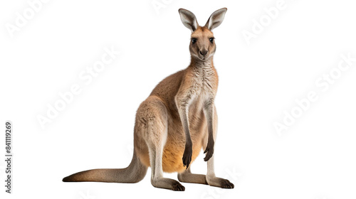 Close up photograph of a full body kangeroo isolated on a solid white background. photo