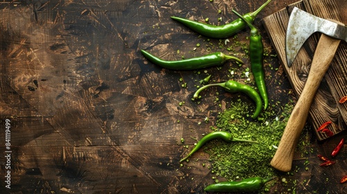 Axe cutting green chili on wooden background with space for text