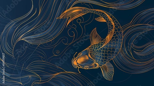 Traditional blue and gold line koi illustration poster background
