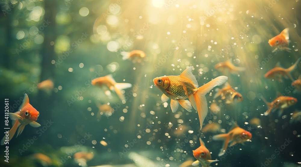 A group of goldfish swimming gracefully in the water with golden light in a dreamy and ethereal style. surrounded by shimmering water droplets. magical and enchanting atmosphere. generative AI A group of goldfish swimming gracefully in the water with golden light in a dreamy and ethereal style. surrounded by shimmering water droplets. magical and enchanting atmosphere. generative AI
