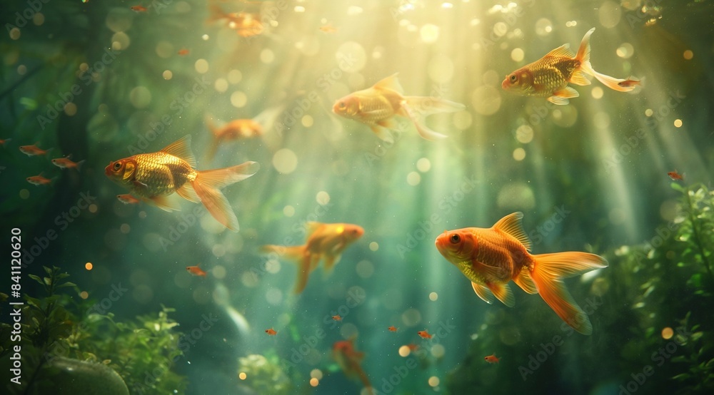 A group of goldfish swimming gracefully in the water with golden light in a dreamy and ethereal style. surrounded by shimmering water droplets. magical and enchanting atmosphere. generative AI A group of goldfish swimming gracefully in the water with golden light in a dreamy and ethereal style. surrounded by shimmering water droplets. magical and enchanting atmosphere. generative AI