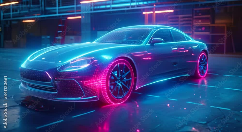 Augmented reality in vehicle design, car blueprint hologram in a studio, automotive background with left Augmented reality in vehicle design, car blueprint hologram in a studio, automotive background with left