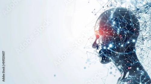 Abstract digital image of a human head with interconnected nodes and lines, symbolizing artificial intelligence and human connection.