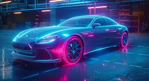Augmented reality in vehicle design, car blueprint hologram in a studio, automotive background with left
