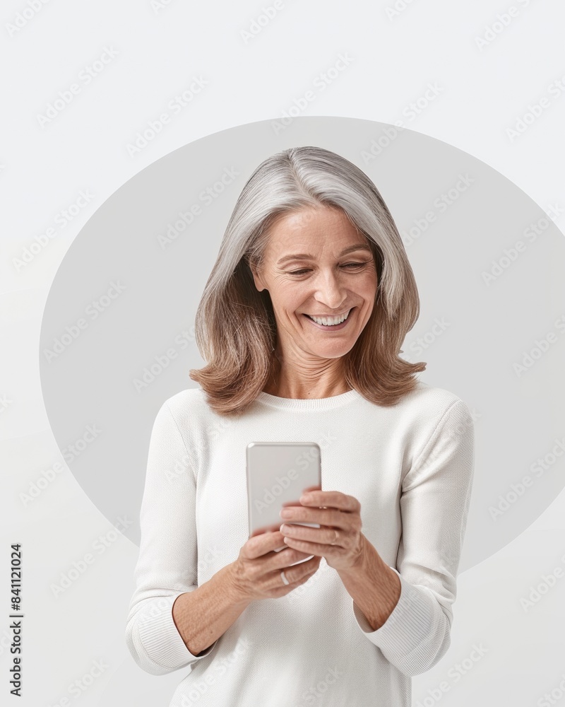Confident Middle-Aged Woman Using Health Tech App for Menopause Symptom Relief, Minimalist Setting Confident Middle-Aged Woman Using Health Tech App for Menopause Symptom Relief, Minimalist Setting