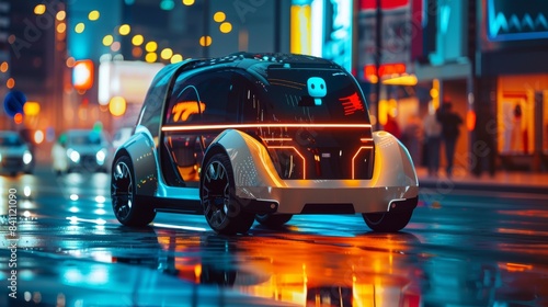 Futuristic autonomous car driving through a cityscape at night, showcasing modern technology and innovative design.