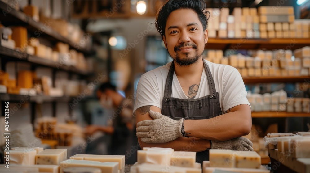 Man in apron smiling in soap shop, arms crossed, gloves on, shelves filled with handmade soaps, warm lighting Man in apron smiling in soap shop, arms crossed, gloves on, shelves filled with handmade soaps, warm lighting