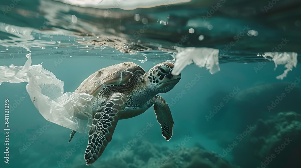 Fototapeta premium a sea turtle trapped in a white plastic bag in the ocean