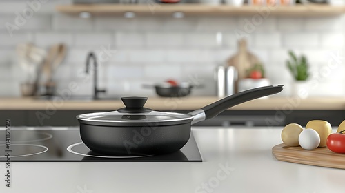 A pan on a stove on a pale background of a modern kitchen