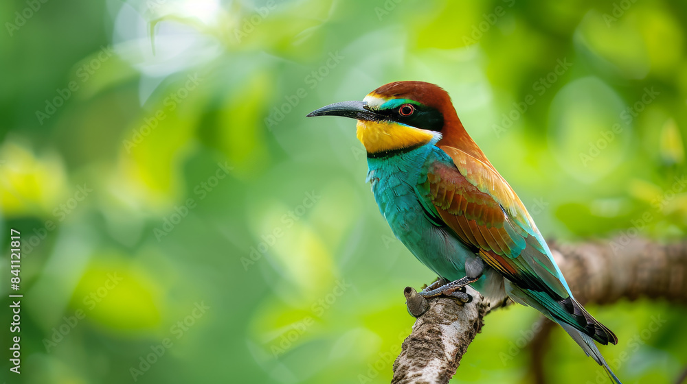Colorful European Bee-eater Perched on Branch in Lush Green Foliage Colorful European Bee-eater Perched on Branch in Lush Green Foliage
