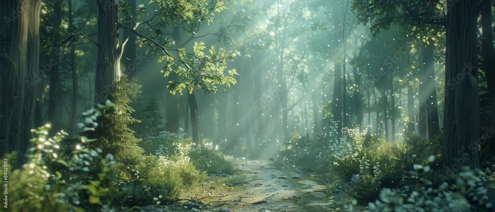 Sunlit forest path surrounded by lush greenery and wildflowers, creating a serene and enchanting natural landscape. Sunlit forest path surrounded by lush greenery and wildflowers, creating a serene and enchanting natural landscape.