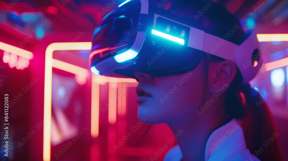 Woman Wearing Virtual Reality Headset in Neon-Lit Room Woman Wearing Virtual Reality Headset in Neon-Lit Room