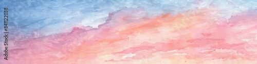 A soft, watercolor painting of a pastel pink and blue sunset sky with fluffy clouds, banner