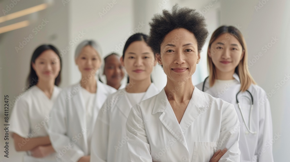 World Health Day Celebration: Diverse Female Healthcare Professionals in Hospital Hallway, Advocating for Women's Health World Health Day Celebration: Diverse Female Healthcare Professionals in Hospital Hallway, Advocating for Women's Health