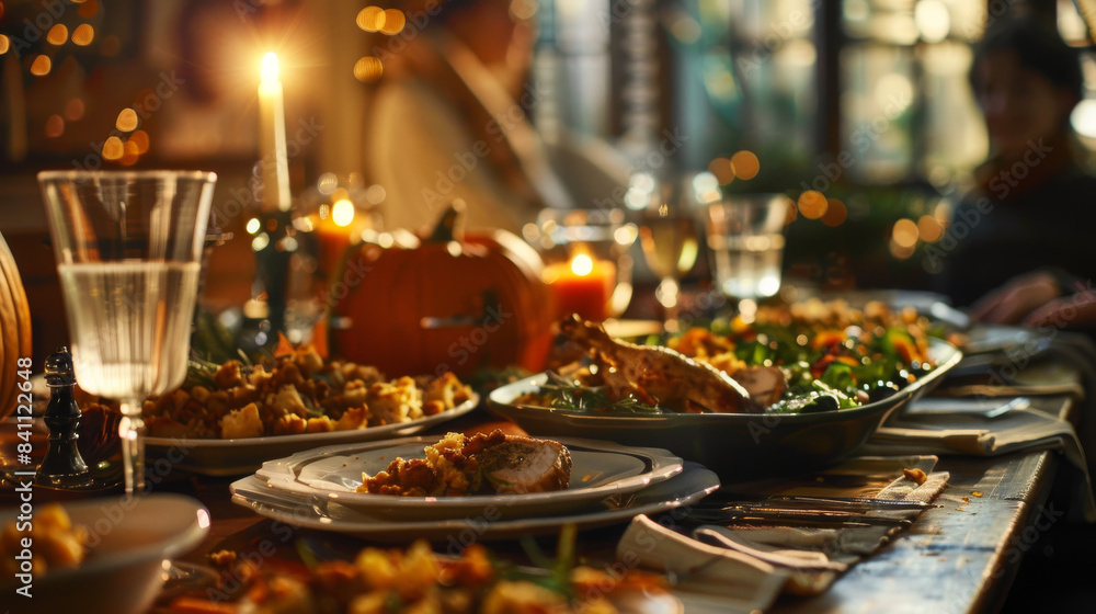 Dinner Table Setting With Food and Candles in Warm Evening Light Dinner Table Setting With Food and Candles in Warm Evening Light