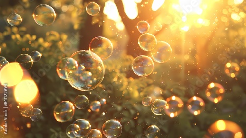 Forest tree sunshine soap bubbles poster background