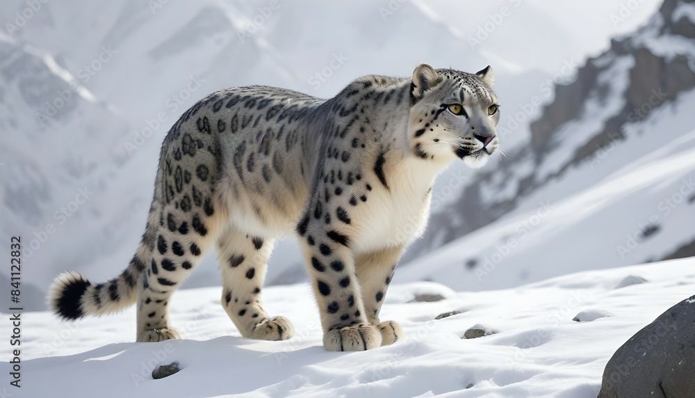 A snow leopard walking through the snowy mountains, its grey and white spotted fur blending in with the winter landscape. The leopard has piercing yellow eyes and a focused expression as it navigates 