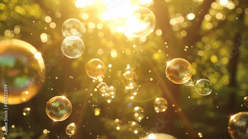 Forest tree sunshine soap bubbles poster background