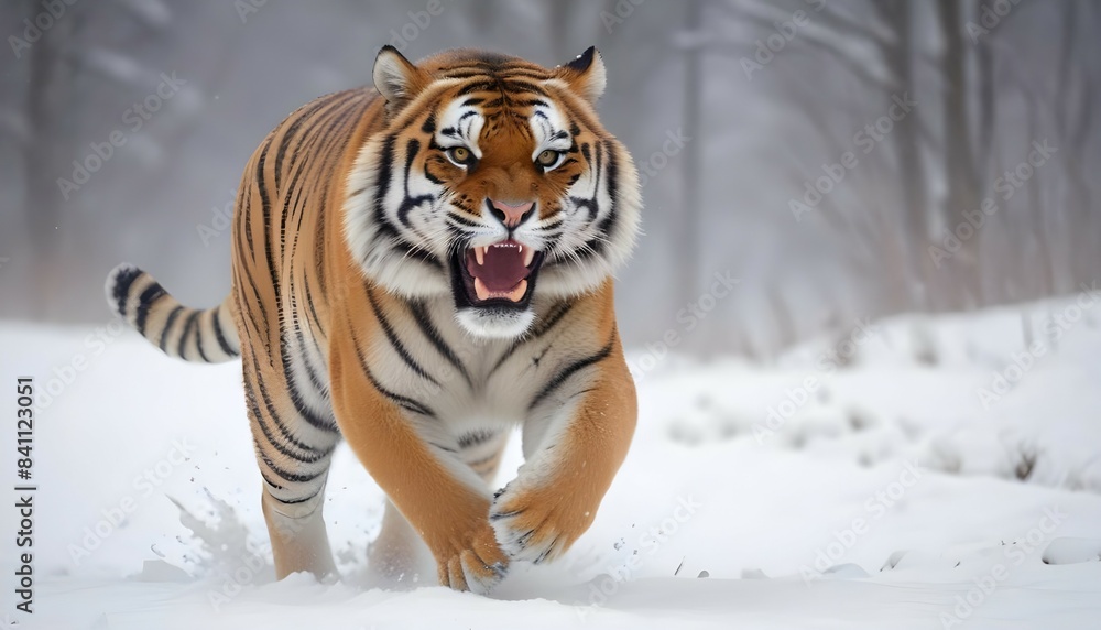 A large adult Siberian tiger running through snow, with its mouth open and eyes focused. The tiger has an orange and black striped coat and appears to be in a snowy, mountainous environment