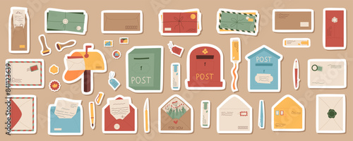 Cartoon mail, letter and mailbox sticker pack, trendy greeting open envelop label set, isolated paper postcard and stamps badge template, flat craft postal box and stationery patch design collection