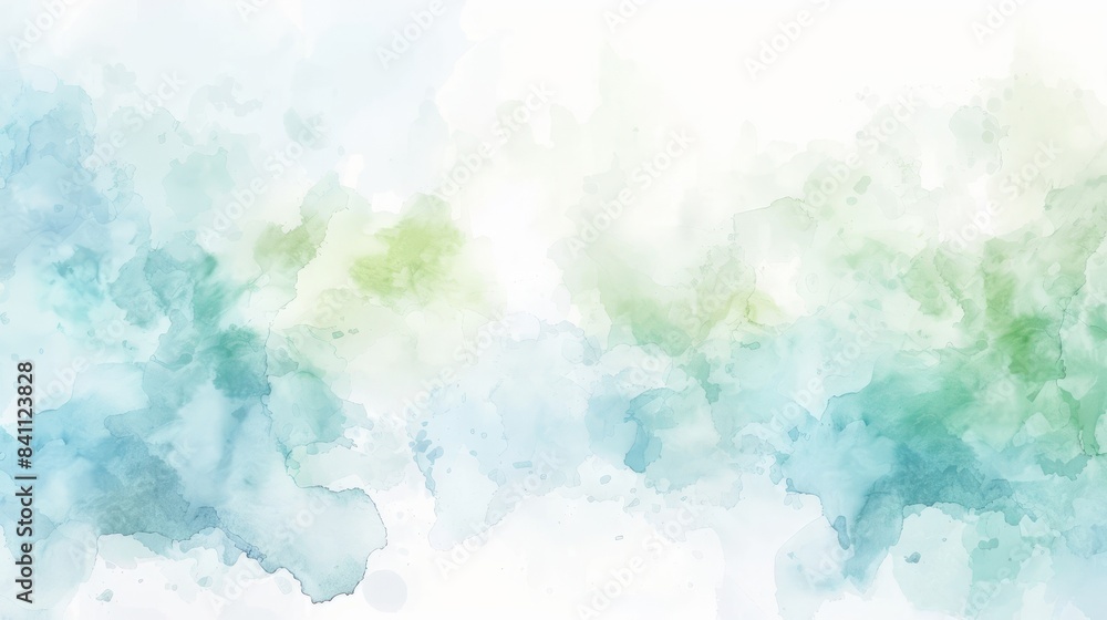 A watercolor painting featuring abstract shapes in shades of blue and green on a white background, copy space A watercolor painting featuring abstract shapes in shades of blue and green on a white background, copy space
