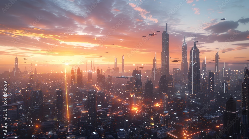 smart city network with glowing connections and data points over an urban skyline smart city network with glowing connections and data points over an urban skyline