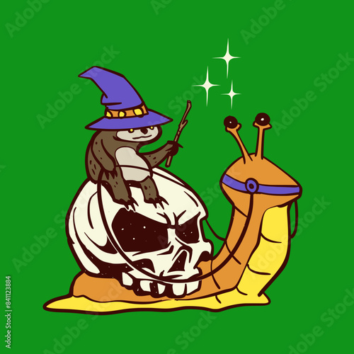 Sloth wizard riding on a skull snail vector illustration