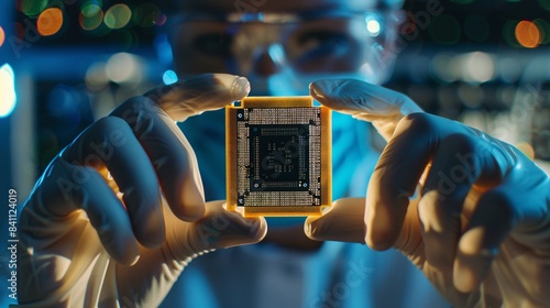 Close-up of a professional scientist holding a modern microprocessor chip. Scientific laboratory environment focused on the research and development of microelectronics and processors.
