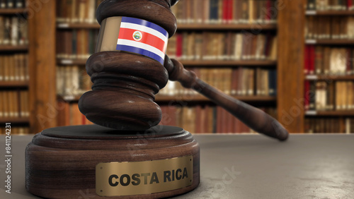 Costa Rica Flag on Judge Gavel or Hammer in Court with Country Name. Legal System 3D Illustration