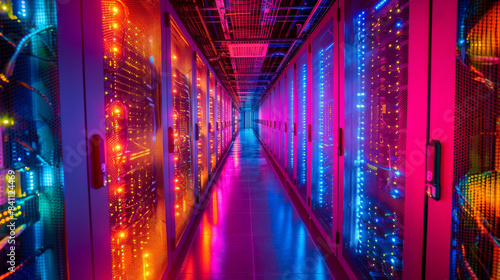 Brightly Lit Server Room Corridor With Colorful LED Lights