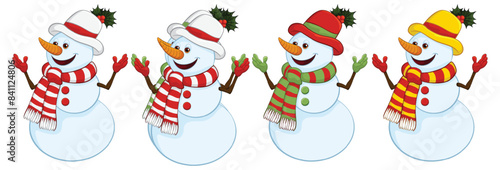 Four cheerful snowmen with hats and scarves