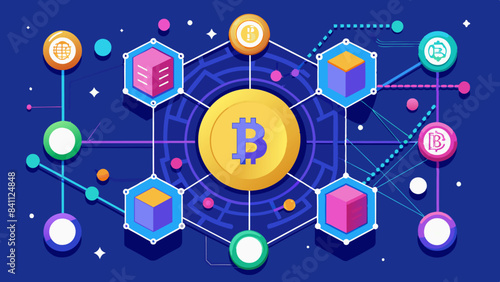 Blockchain network graphic with bitcoin in cryptocurrency vector graphics