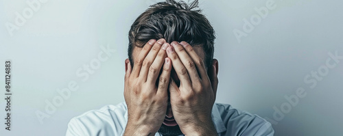 A man is crying and his hands are on his face. He is wearing a white shirt. Scene is sad and emotional