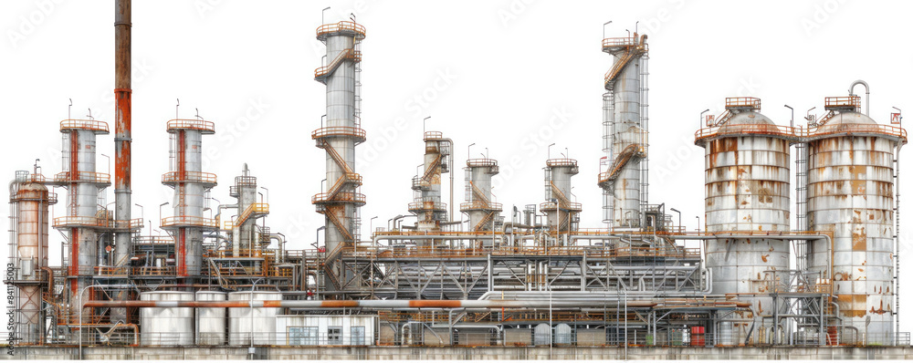 A large industrial plant with many tall buildings and a lot of pipes. The buildings are old and rusty A large industrial plant with many tall buildings and a lot of pipes. The buildings are old and rusty