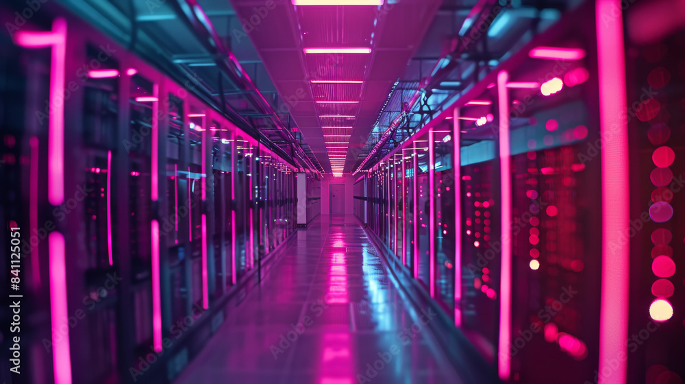 Neon Lit Server Room Corridor With Pink and Blue Lights Neon Lit Server Room Corridor With Pink and Blue Lights
