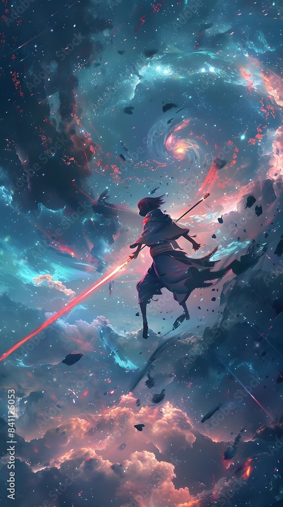 A dramatic scene of an anime monkey hero bravely confronting a cosmic threat, wielding futuristic weapons against a backdrop of swirling stars and galaxies, Generative AI A dramatic scene of an anime monkey hero bravely confronting a cosmic threat, wielding futuristic weapons against a backdrop of swirling stars and galaxies, Generative AI