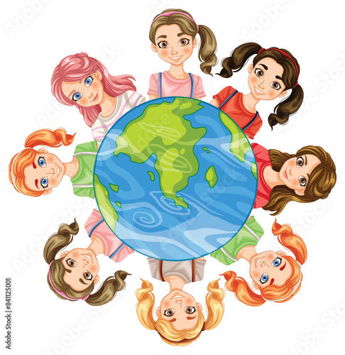 Kids united around the globe illustration