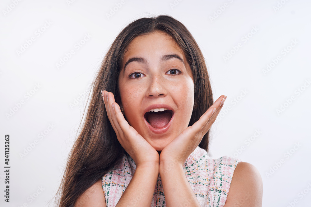 Studio portrait, teenager girl and shock for fake news announcement and gossip secret. Female teen, surprise or wow reaction for drama story and excited emoji with notification by white background Studio portrait, teenager girl and shock for fake news announcement and gossip secret. Female teen, surprise or wow reaction for drama story and excited emoji with notification by white background