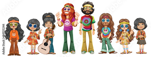 A vibrant group of hippie characters