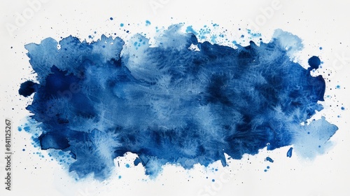 A watercolor painting featuring a blue stain on a white background, copy space