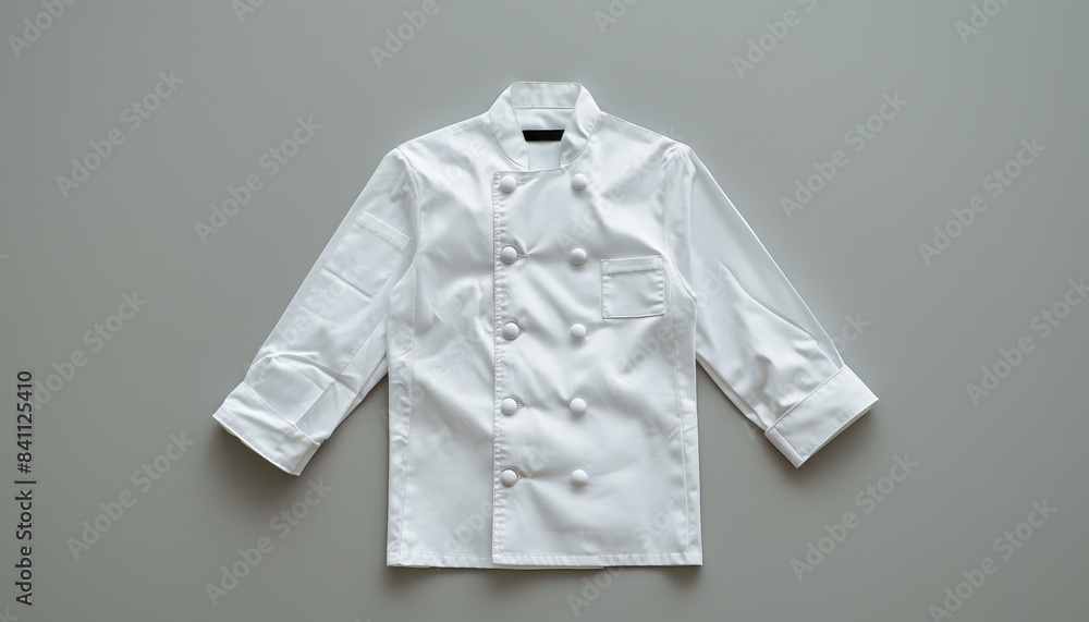 White chef jacket flat lay on grey background White chef jacket flat lay on grey background